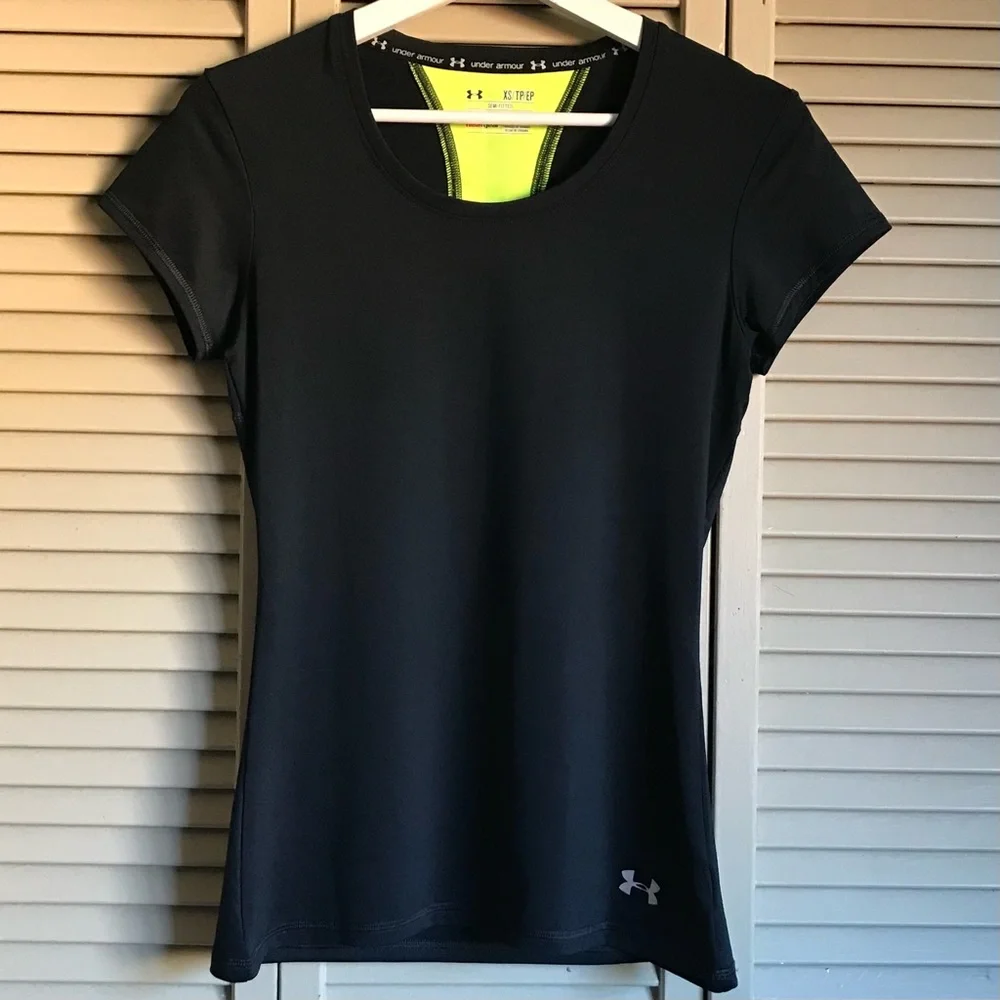 Under armour black and neon yellow short sleeve active top